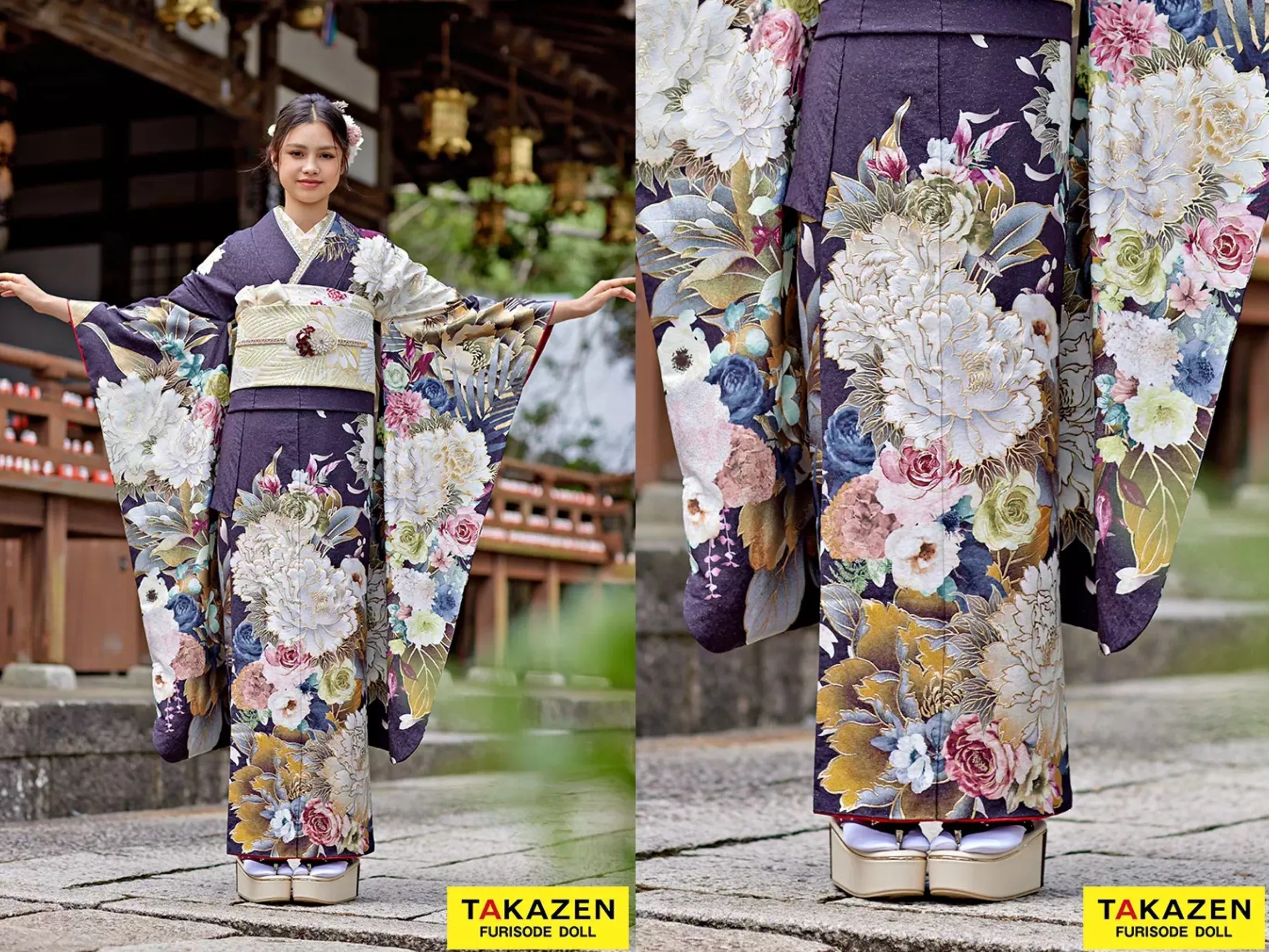 振袖　レンタル　奈良　振袖安い　最新作ヘップバーンコスメカラー　白/紫/淡い色　薔薇柄　キラキラ　スワロフスキー/パール付き　エレガント　かわいい　キルティング帯　香音【通販可】26004　正統派古典　紫　牡丹柄/大柄　假屋崎省吾デザイン　豪華　華やか【通販可】25060