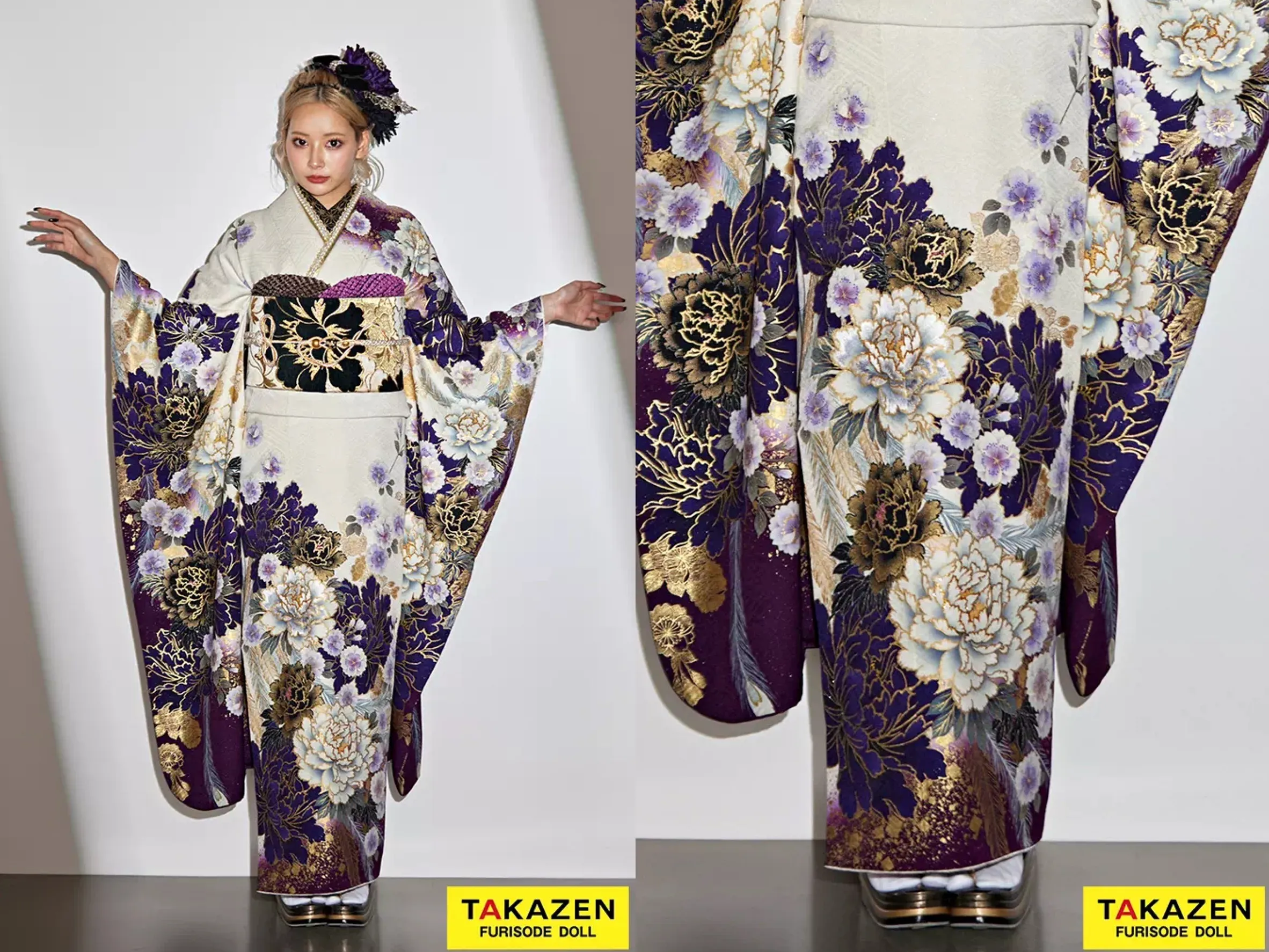 振袖　レンタル　奈良　振袖安い　安い！クール系　白/紫/ゴールド(金色)　ボタン柄/和柄　大人気　モード　派手振袖　かっこいい　ギャル　ぴょな【通販可】　32118
