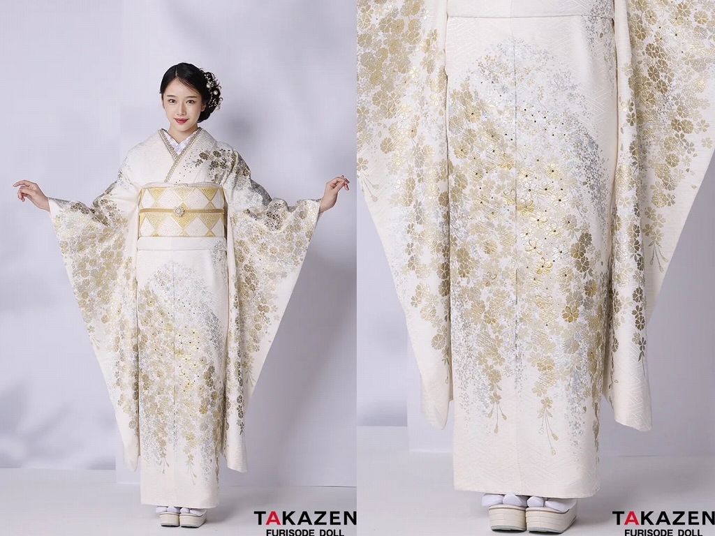 最高級古典柄振袖　関芳/最高級金駒金彩刺繍友禅　白/金　桜柄　キラキラ　上品　正絹　スワロフスキー付き　透明感のある　天翔天音【通販可】24039
