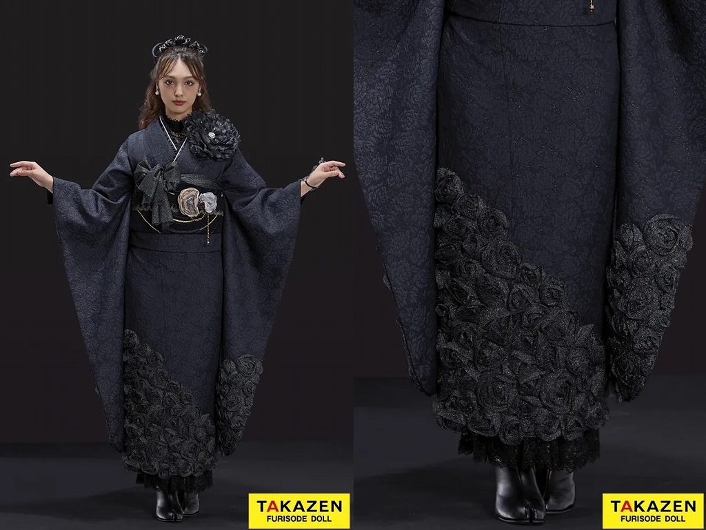 振袖　レンタル　奈良　最新作ヘップバーンローズ　黒　薔薇付き　立体花　ラグジュアリー　誰ともかぶらない　レースインナー/ブーツスタイル　オールブラックコーデ　香川るな【通販可】26007