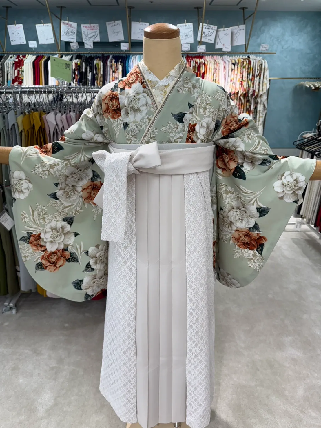 袴レンタル 卒業式 なんば 心斎橋 天王寺 新作 カワイイ袴 グリーン 緑 お花 レース袴