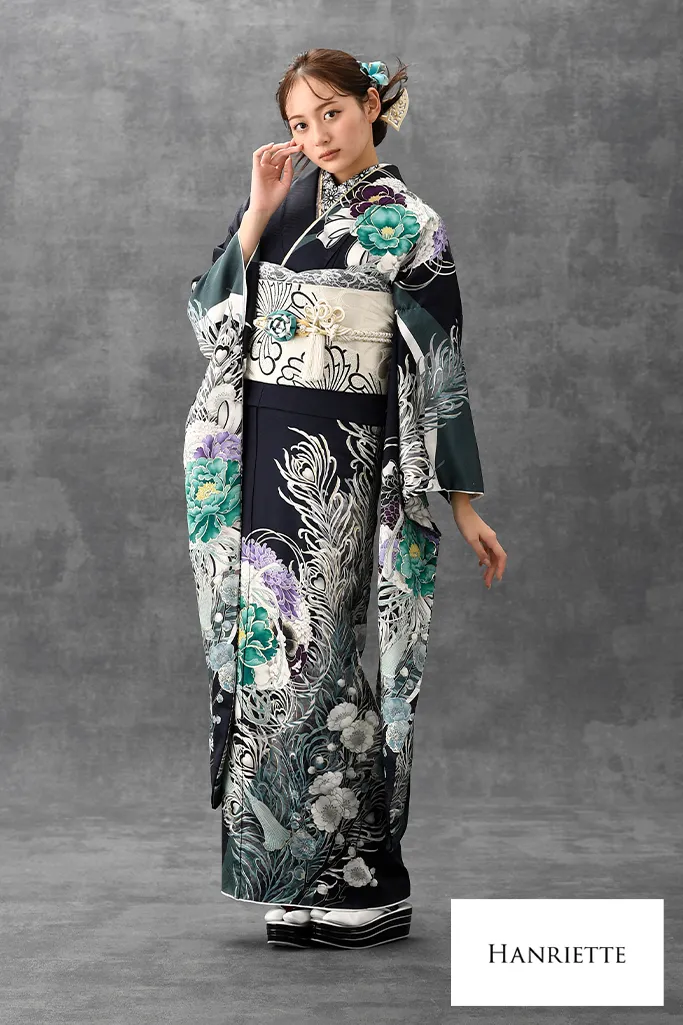 TAKAZENのレンタル振袖 正統派古典　ネイビー/紺　牡丹柄　大人っぽい　かっこいい　お洒落　人とかぶらない【通販可】K1205