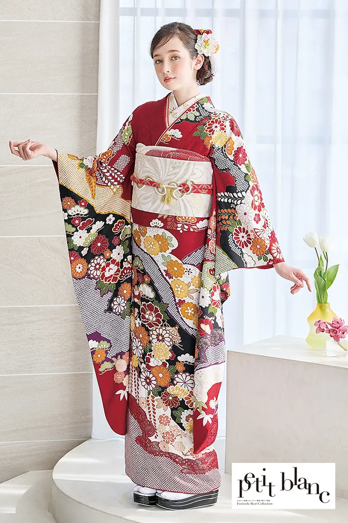 TAKAZENのレンタル振袖 正統派古典 赤/赤地 藤の花/菊柄 清楚 定番 人気 上品 はんなり 柄小さめ【通販可】K1218