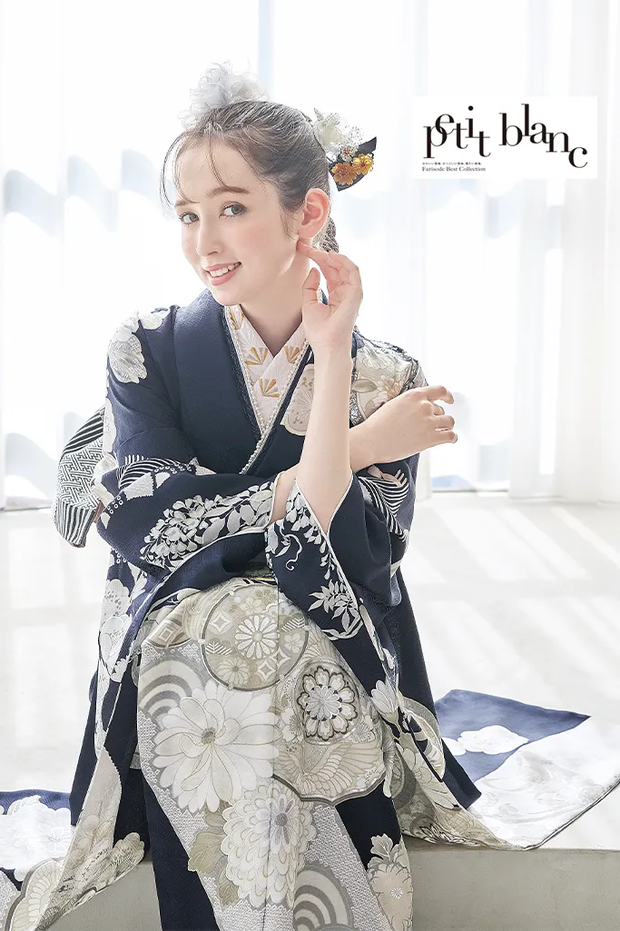 TAKAZENのレンタル振袖 正統派古典　ネイビー/紺色/白　鶴/菊柄　おめでたい柄　清楚　定番　人気　上品　はんなり　大人っぽい【通販可】K1219