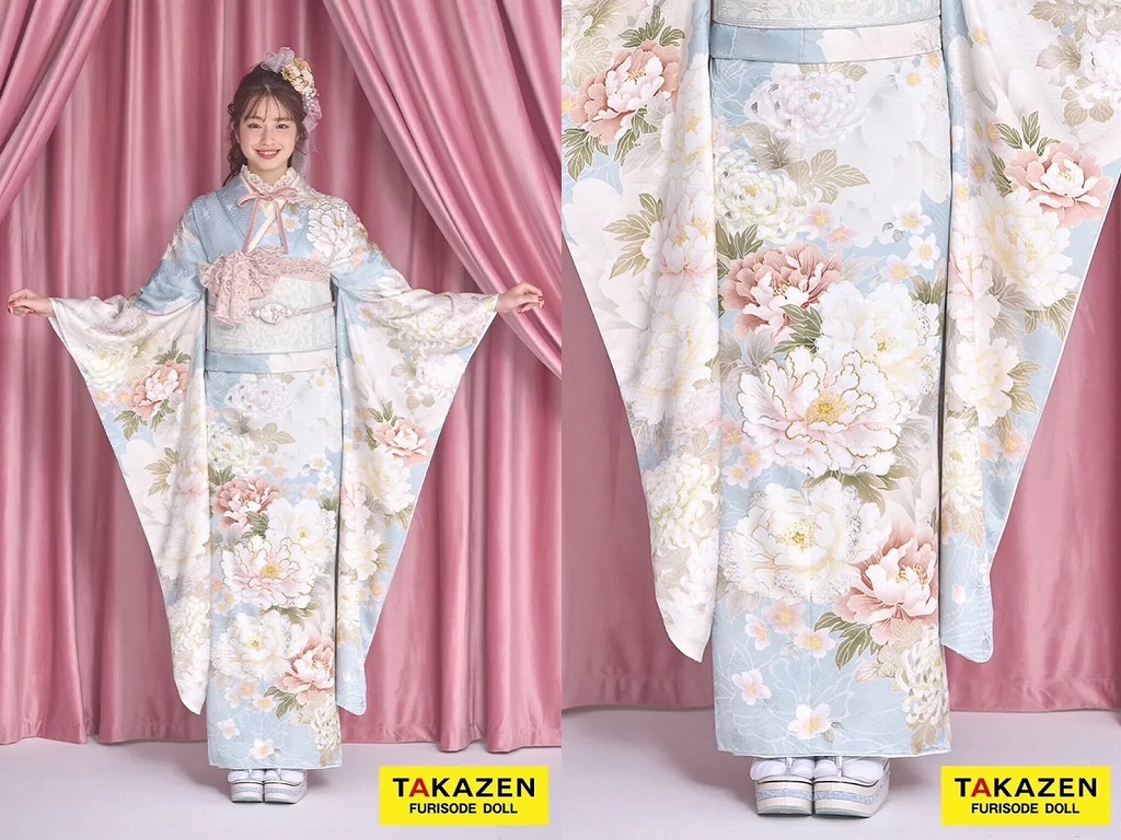 振袖　レンタル　奈良　最新作くすみカラー　水色/淡い色　牡丹柄　かわいい振袖　トレンド　リボンアレンジ　葛西杏也菜【通販可】26054