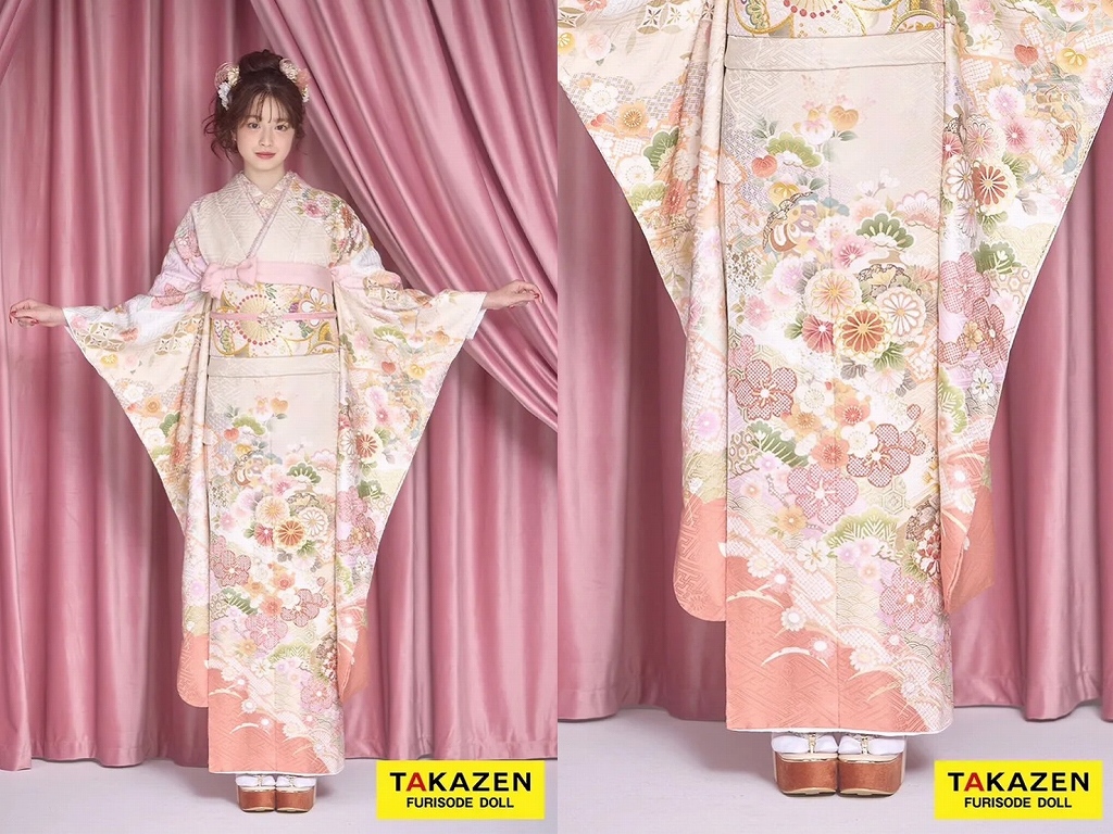 振袖　レンタル　奈良　最新作くすみカラー古典　サーモンピンク/ピンクベージュ　菊柄/梅柄　かわいい　清楚　おしとやか　上品　葛西杏也菜【通販可】26061