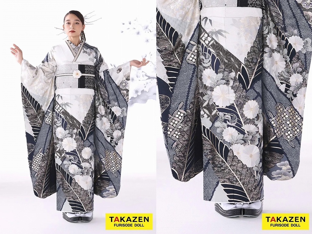 最新作粋古典　白/グレー 　菊柄　スタイリッシュ　シック　かっこいい　大人っぽい　弓ライカ【通販可】26070　奈良市　TAKAZEN奈良店　振袖レンタル奈良
