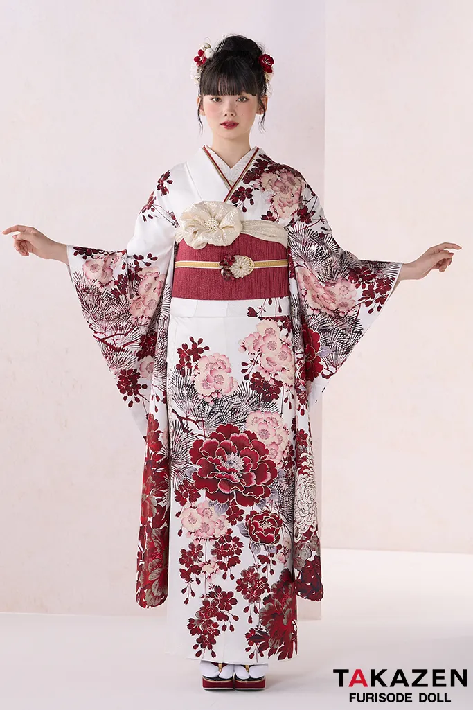 振袖 レンタル 正統派古典 華徒然×吉木千沙都 白/赤 牡丹柄 TAKAZENオリジナルカラー 綺麗 お洒落 大人っぽい 南琴奈【通販可】26019