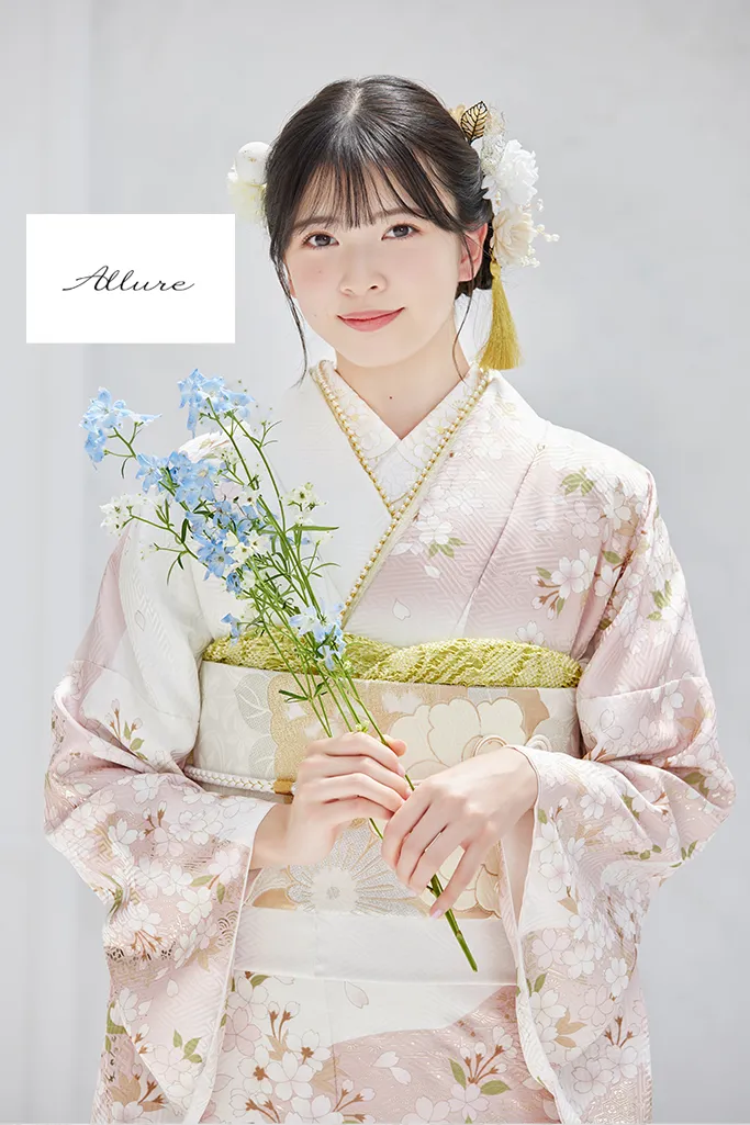 TAKAZENのレンタル振袖 正統派古典　ピンク/白/淡い色　桜柄/柄小さめ　シンプル　きれいめ　かわいらしい【通販可】K1239