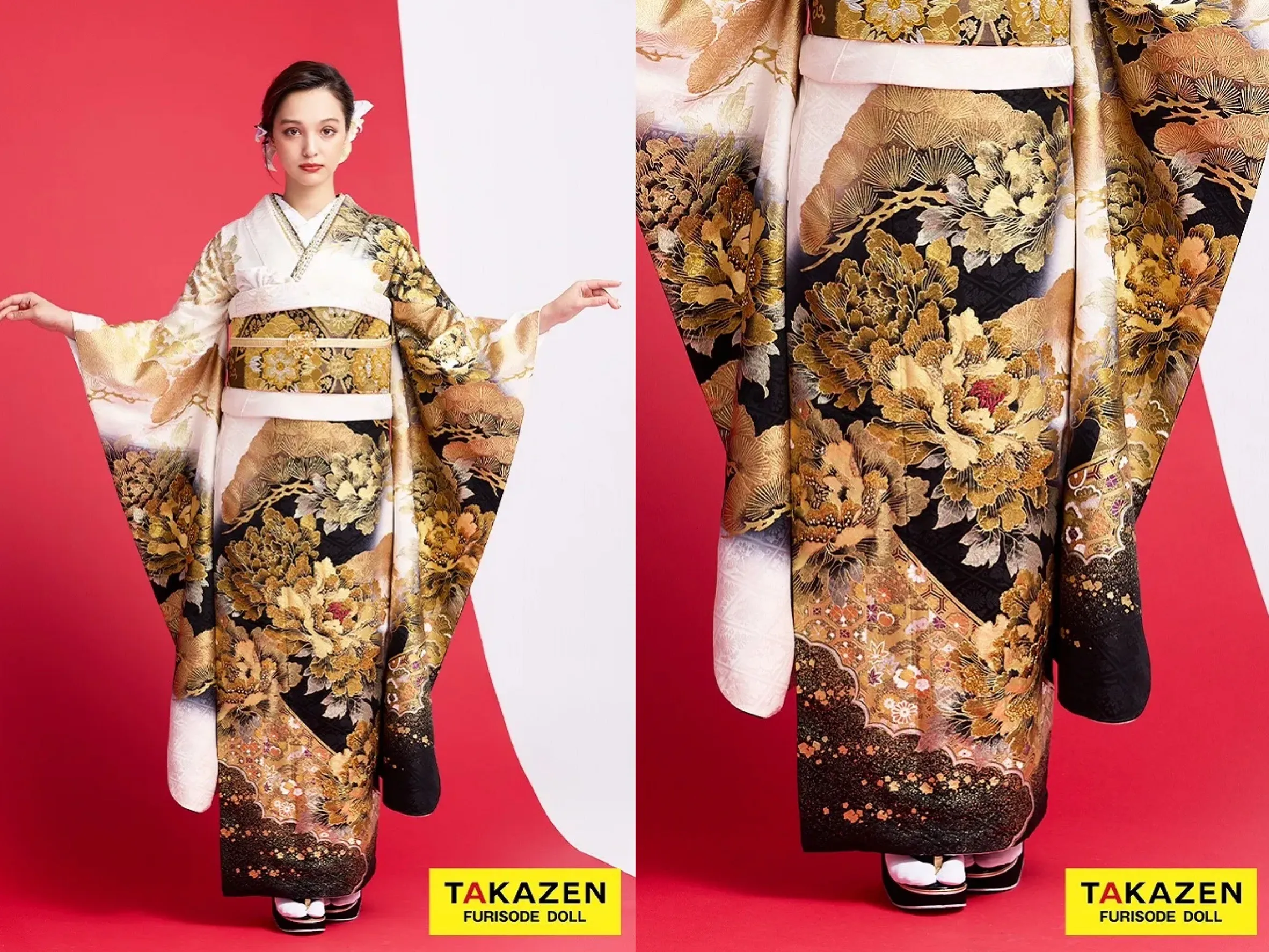 振袖　レンタル　奈良 ジャパンモード　白/黒/金(ゴールド)　牡丹柄　花魁風　渋い　レディース　派手振袖　いかつい　目立つ　大人っぽい　クール　キラキラ　香川るな【通販可】31115